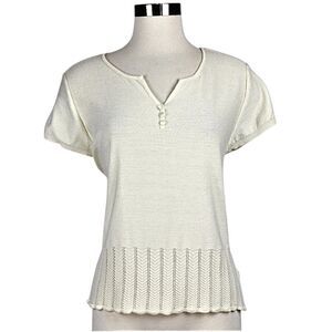 Sweater Short Sleeve  Round Split Neck Chevron Hem Patten Ivory Womens Petite XL